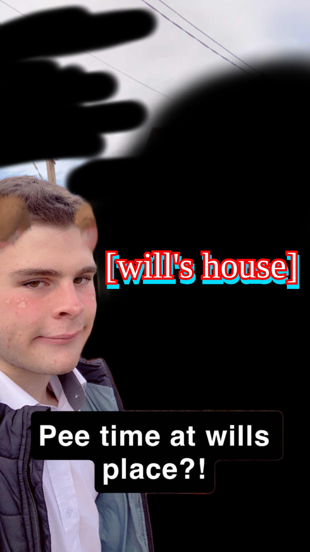 Sam with his tounge out, caption is 'pee time at wills place?!'